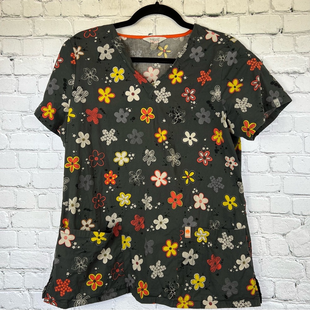 Code Happy Scrub Top Gray with Orange Yellow White Flowers 2 Pocket Size Small